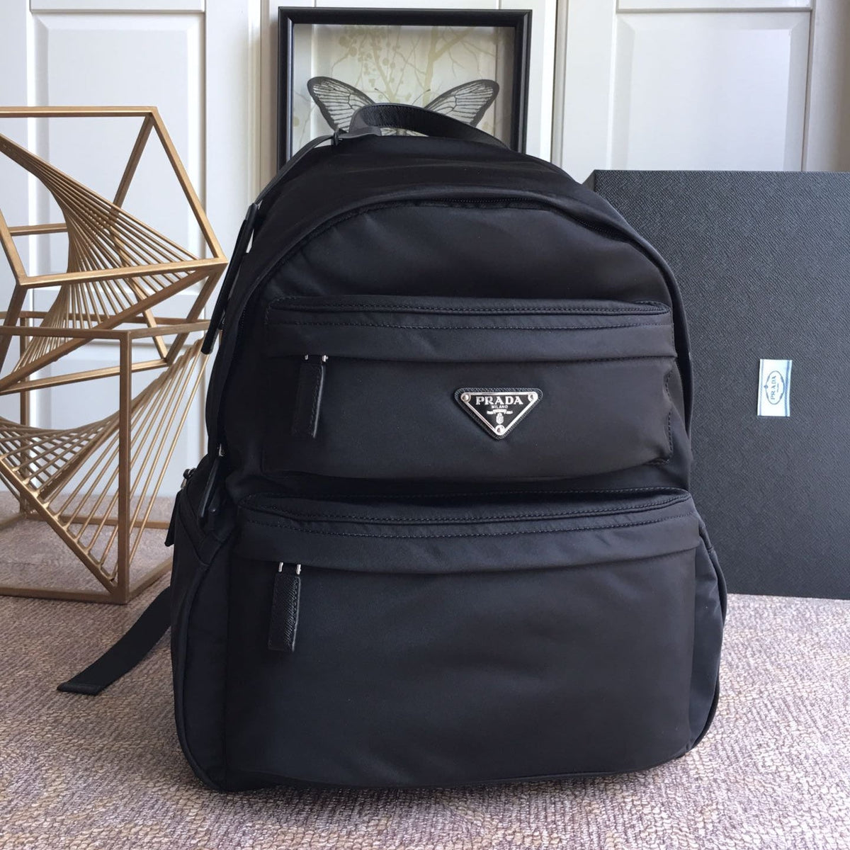 PRADA TRIANGLE LOGO BACKPACK 40 IN BLACK RE-NYLON