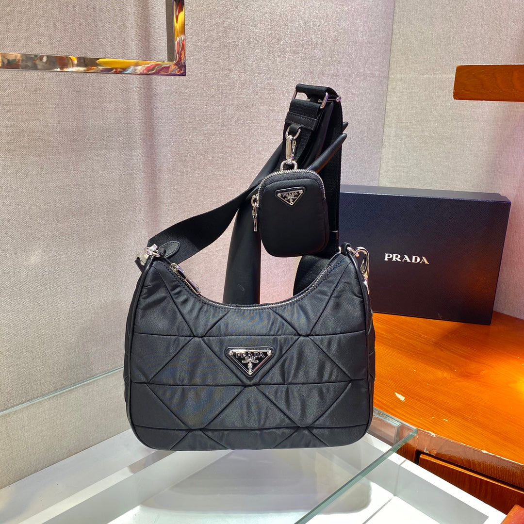 PRADA HOBO BAG 24 IN BLACK TRIANGULAR QUILTED PATTERN RE-NYLON