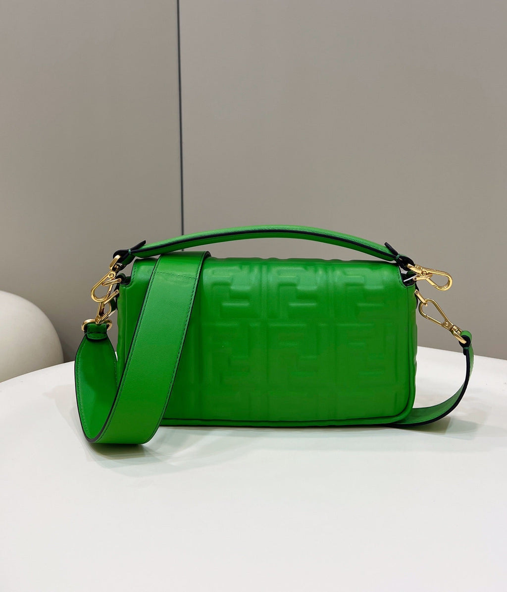 BAGUETTE WITH FF MOTIF 27 IN EMERALD GREEN SOFT LAMBSKIN GOLD HARDWARE