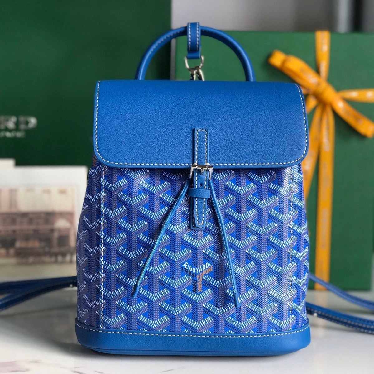ALPIN MINI BACKPACK 21 IN SAPPHIRE BLUE LAMBSKIN AND GOYARDINE CANVAS