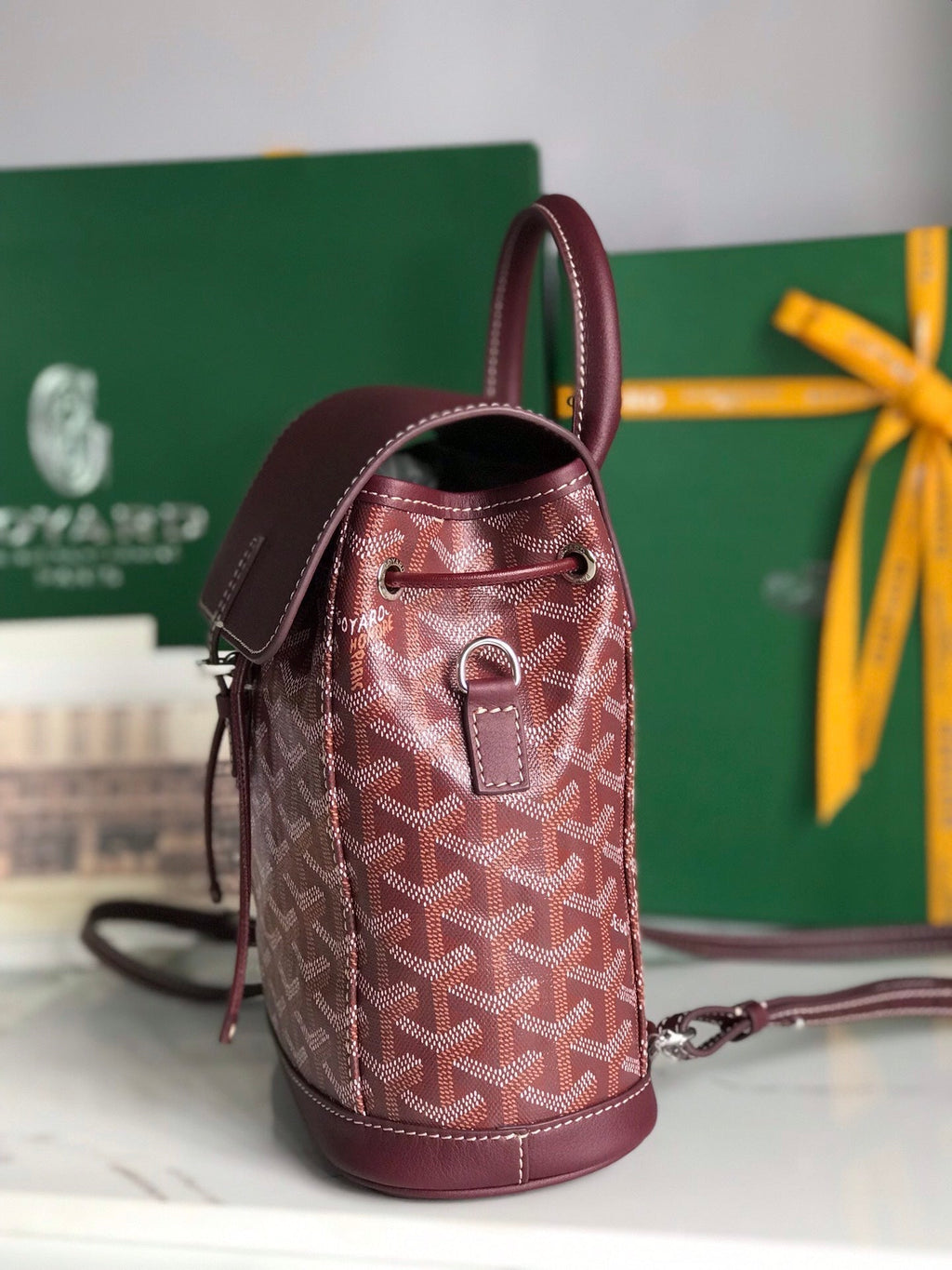 ALPIN MINI BACKPACK 21 IN WINE RED LAMBSKIN AND GOYARDINE CANVAS
