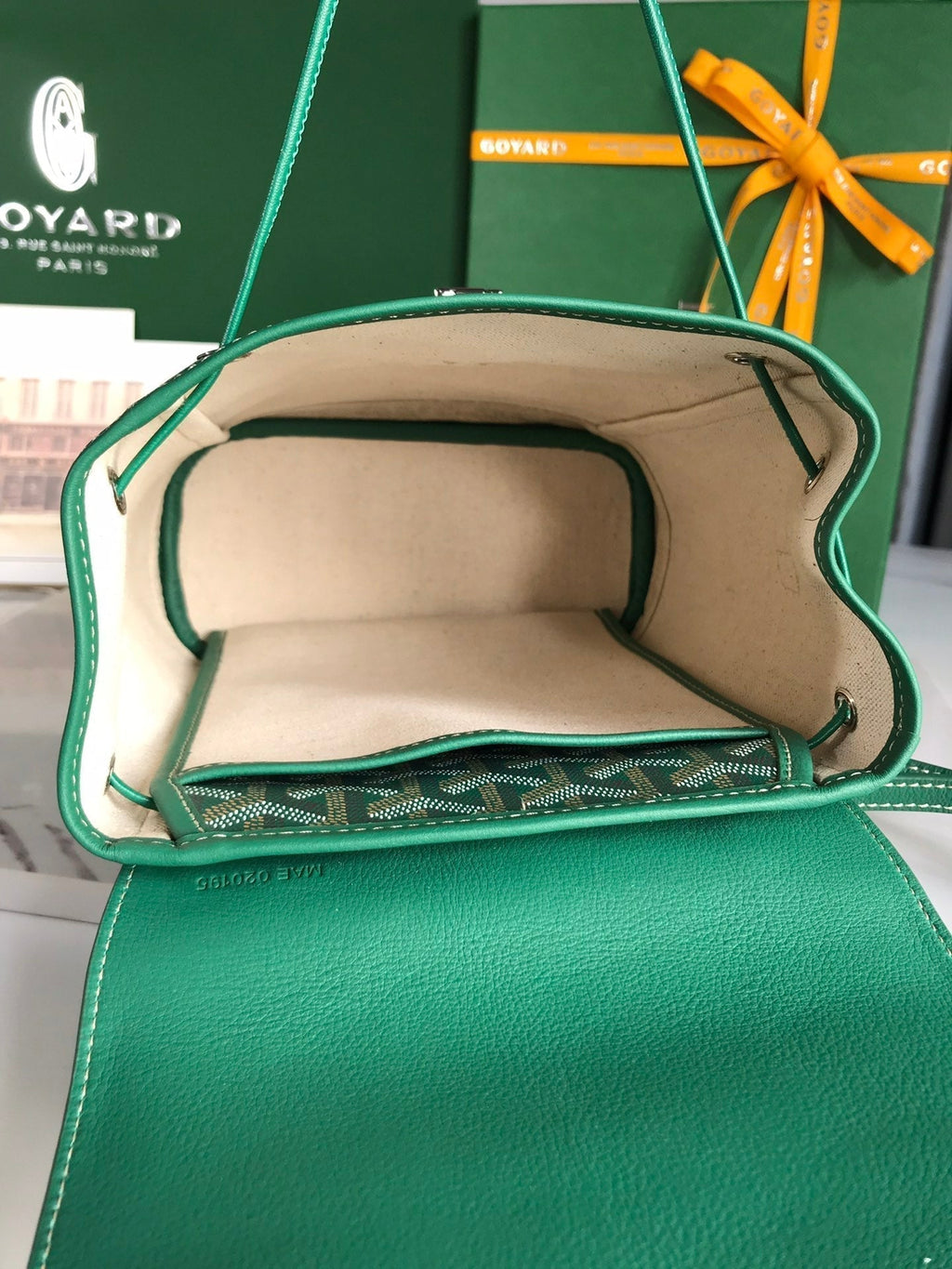 ALPIN MINI BACKPACK 21 IN GREEN LAMBSKIN AND GOYARDINE CANVAS