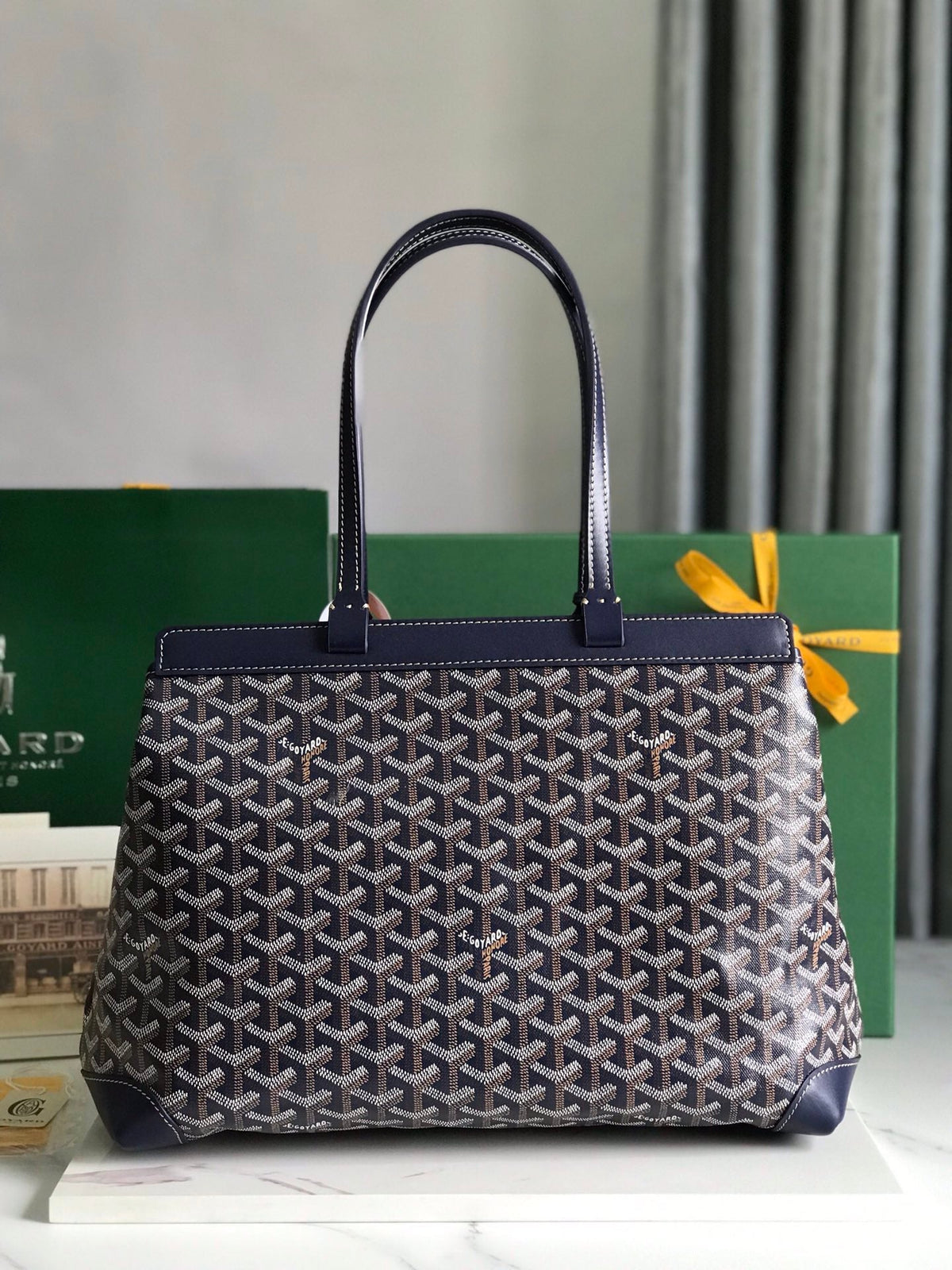BELLECHASSE BIAUDE PM BAG 36 IN NAVY BLUE GOYARDINE CANVAS AND CALFSKIN TRIM