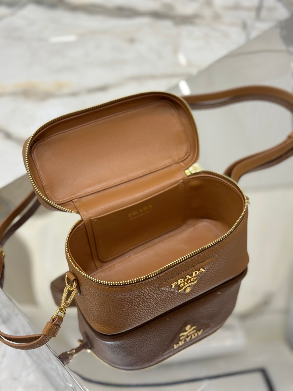 PRADA VANITY CASE 18 IN RUSSET BROWN GRAINED CALFSKIN GOLD HARDWARE