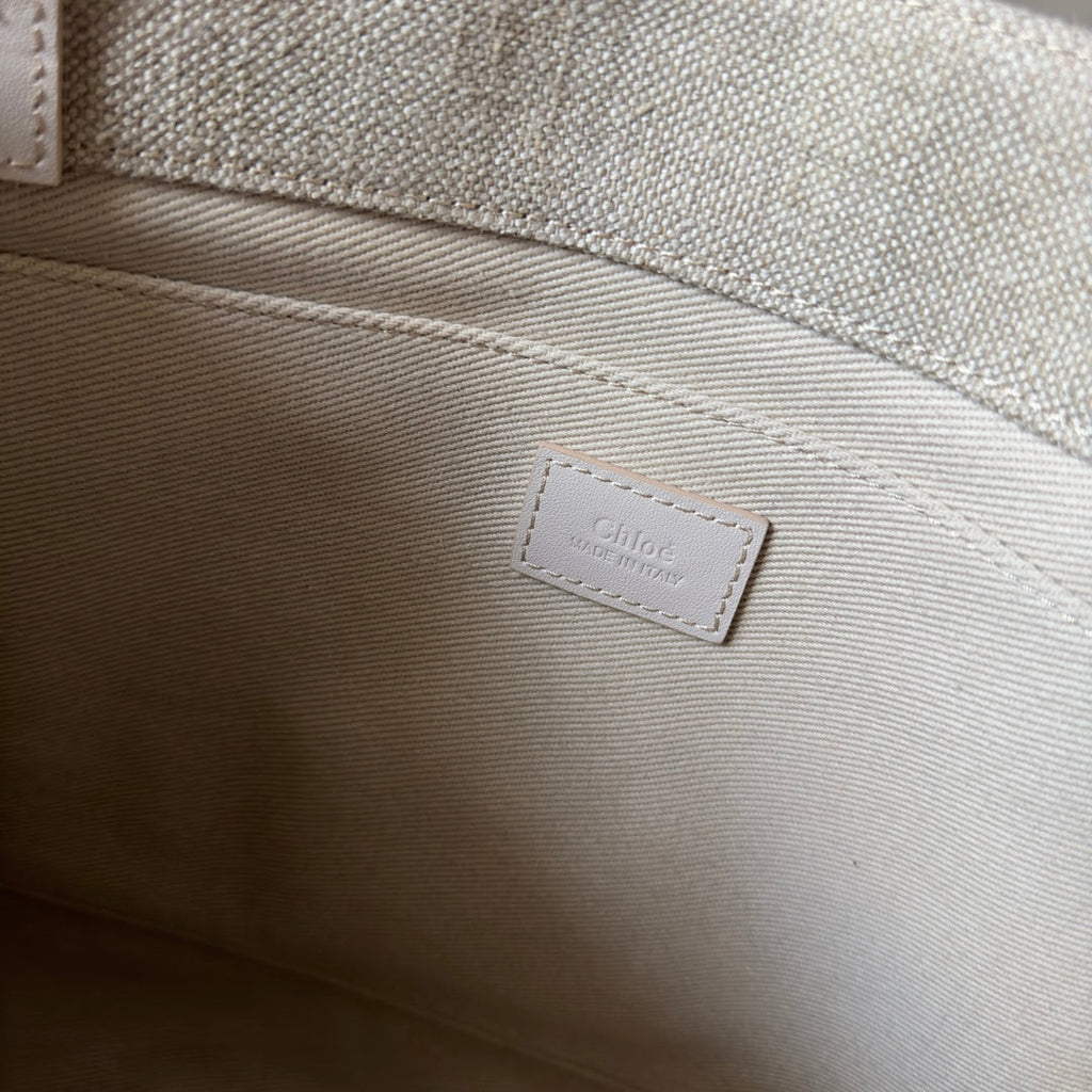MEDIUM WOODY TOTE BAG 37 IN BEIGE LINEN CANVAS WEBBING LOGO EMBROIDER COTTON WHITE CALFSKIN