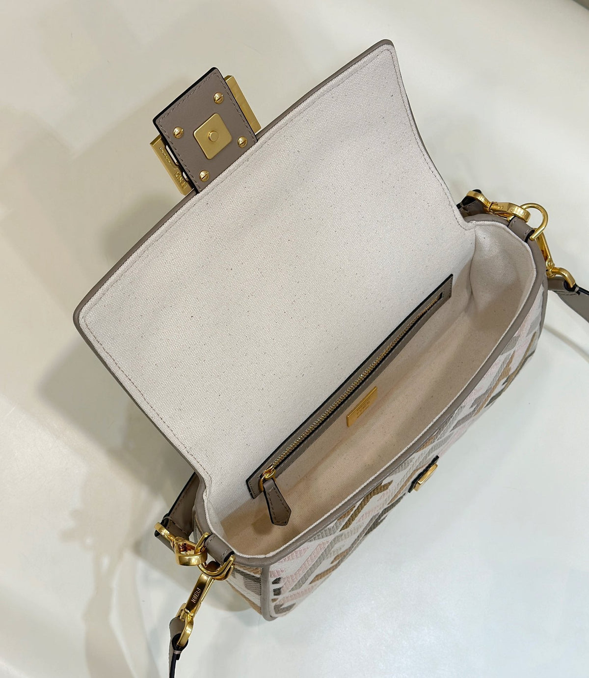BAGUETTE CANVAS 27 BAG GREY STRAP WITH MULTICOLOUR EMBROIDERY GOLD HARDWARE