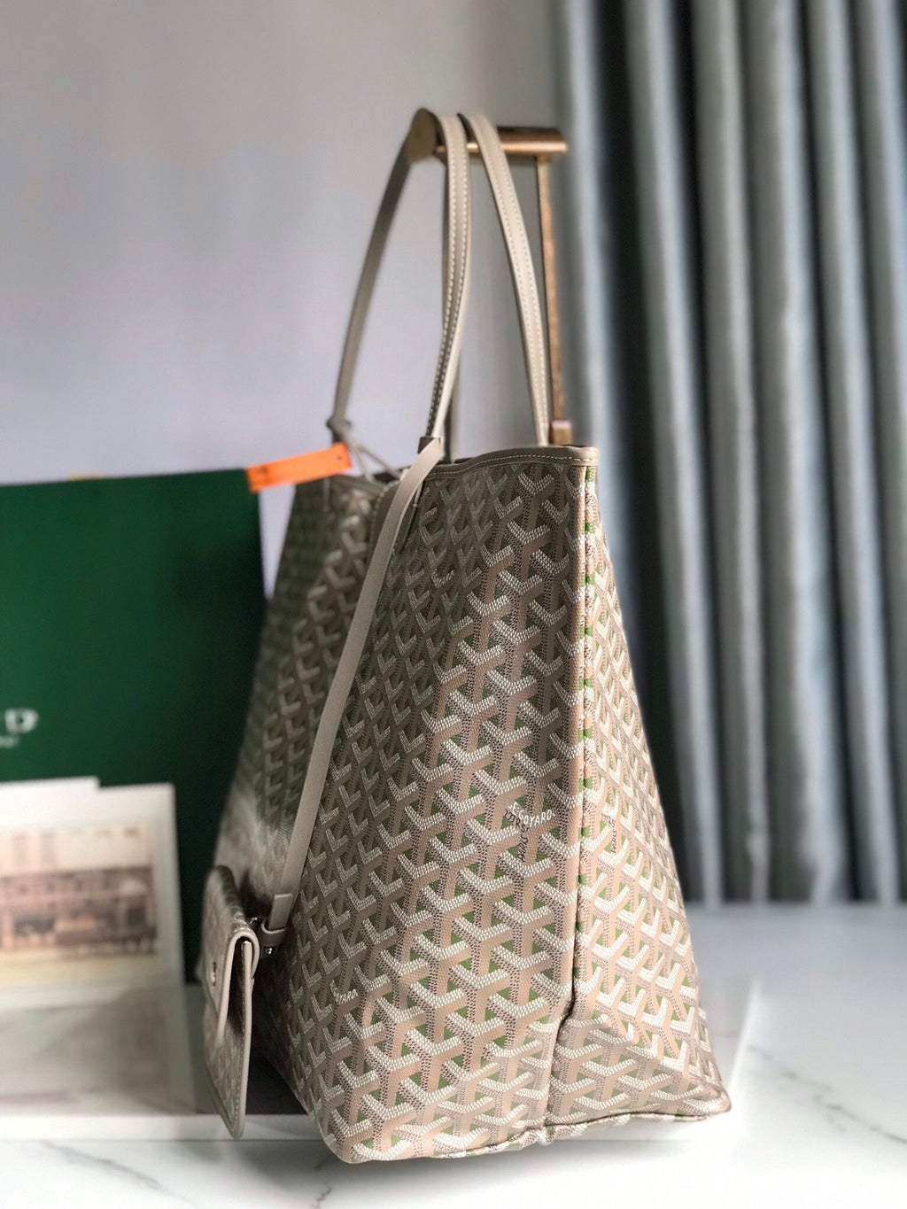 SAINT LOUIS PM 40 IN GREY MIX GREEN GOYARDINE CANVAS AND CALFSKIN