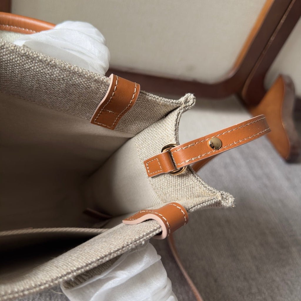 SMALL WOODY TOTE BAG 26.5 IN BEIGE LINEN CANVAS WEBBING LOGO EMBROIDERY BROWN CALFSKIN
