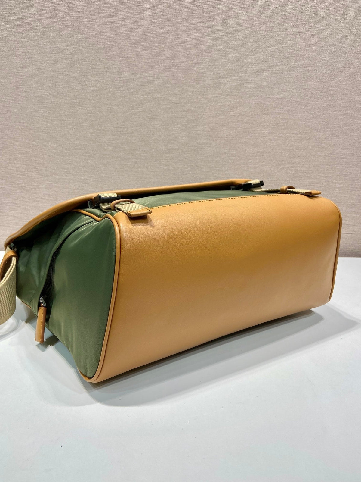 PRADA LARGE FLAP BAG 30 IN SEAWEED GREEN RE-NYLON AND BROWN CALFSKIN TRIM