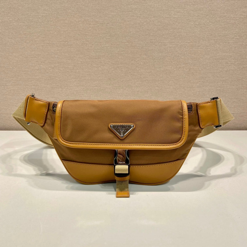PRADA BELT BAG 18 IN SEPIA BROWN RE-NYLON AND CALFSKIN TRIM
