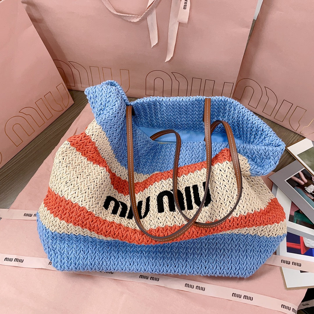 TOTE BAG 40 IN STRIPED PATTERN OF LIGHT BLUE ORANGE AND CREAM WHITE WOVEN RAFFIA