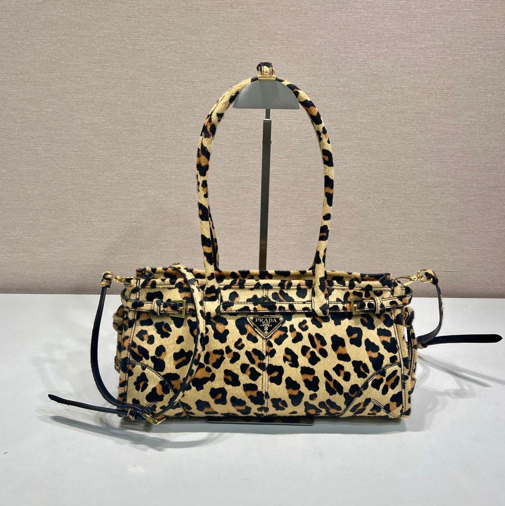 PRADA TOP HANDLE BAG 32 IN LEOPARD PRINT LEATHER