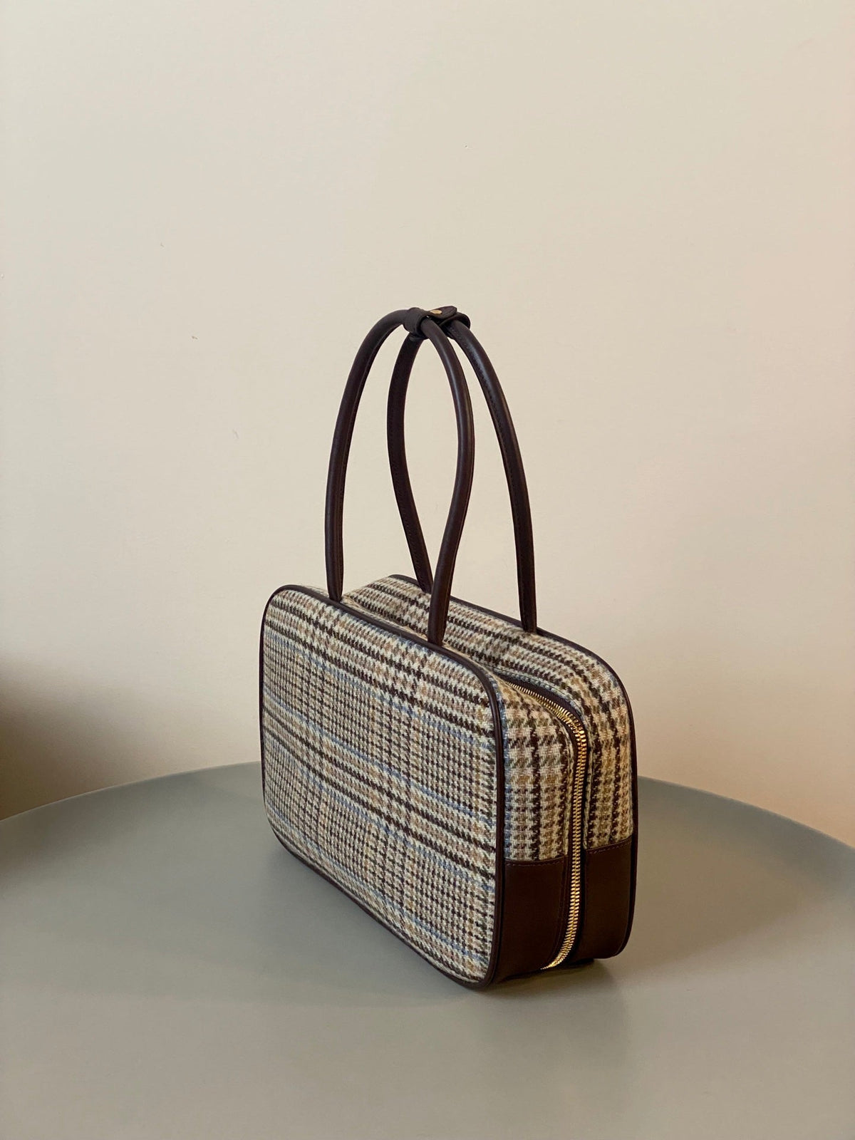BEAU TOP HANDLE BAG 34 IN BEIGE TARTAN AND COCOA BROWN LEATHER TRIM
