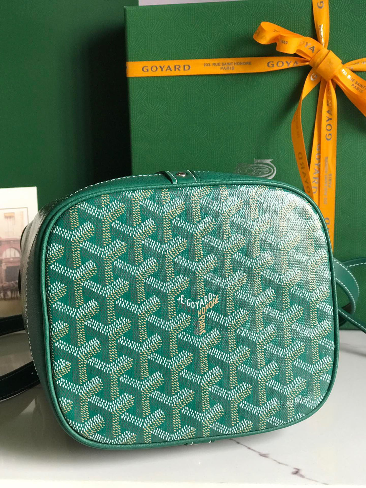 PETIT FLOT BUCKET BAG 22 IN GREEN GOYARDINE CANVAS AND LAMBSKIN TRIM