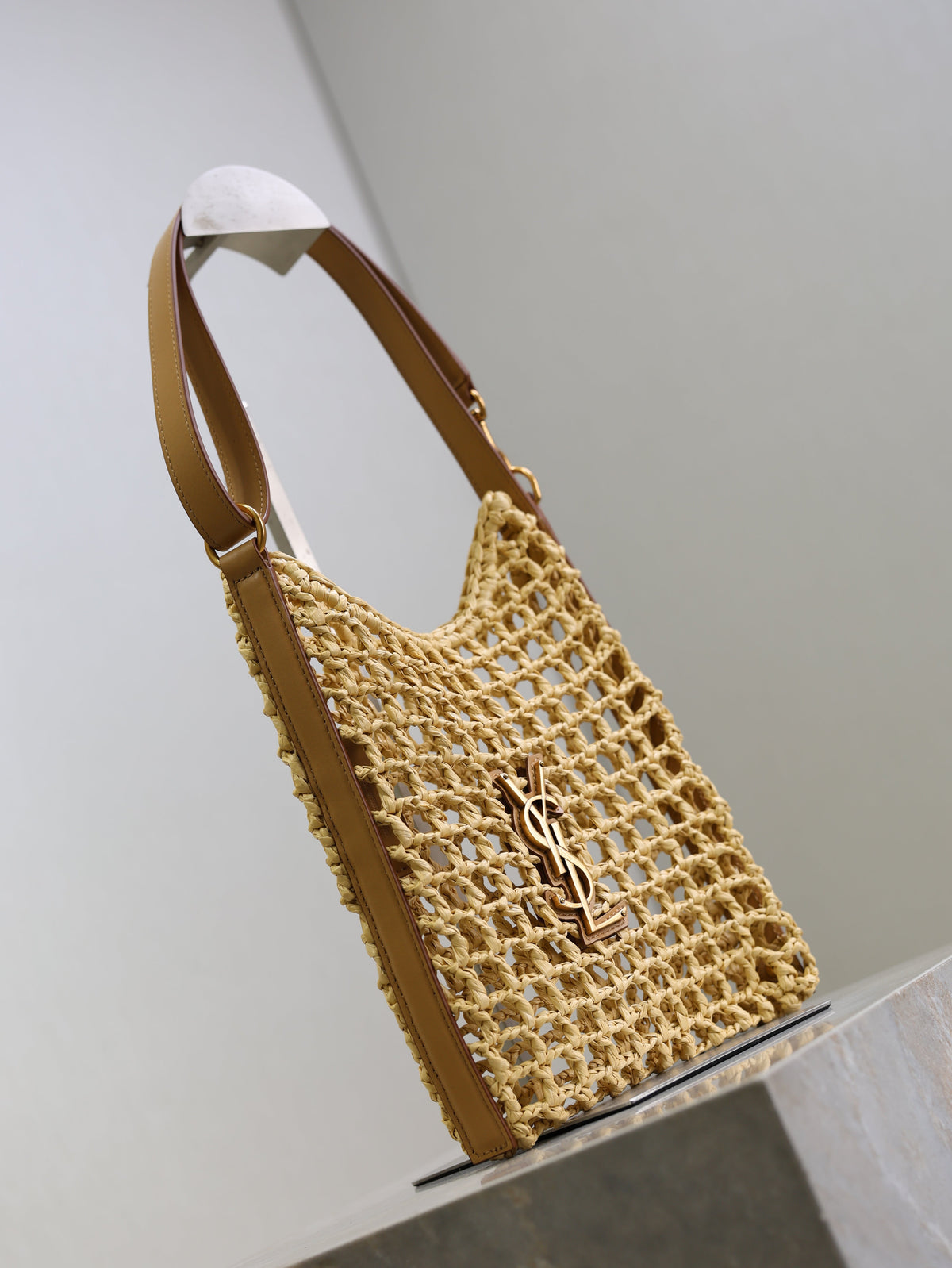OXALIS 25  IN RAFFIA CROCHET AND LEATHER VINTAGE BROWN