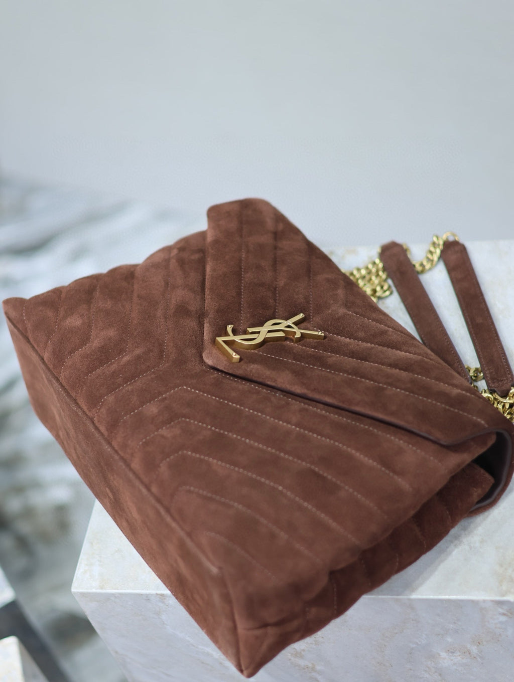 LOULOU 32 IN BROWN SUEDE CALFSKIN GOLD HARDWARE