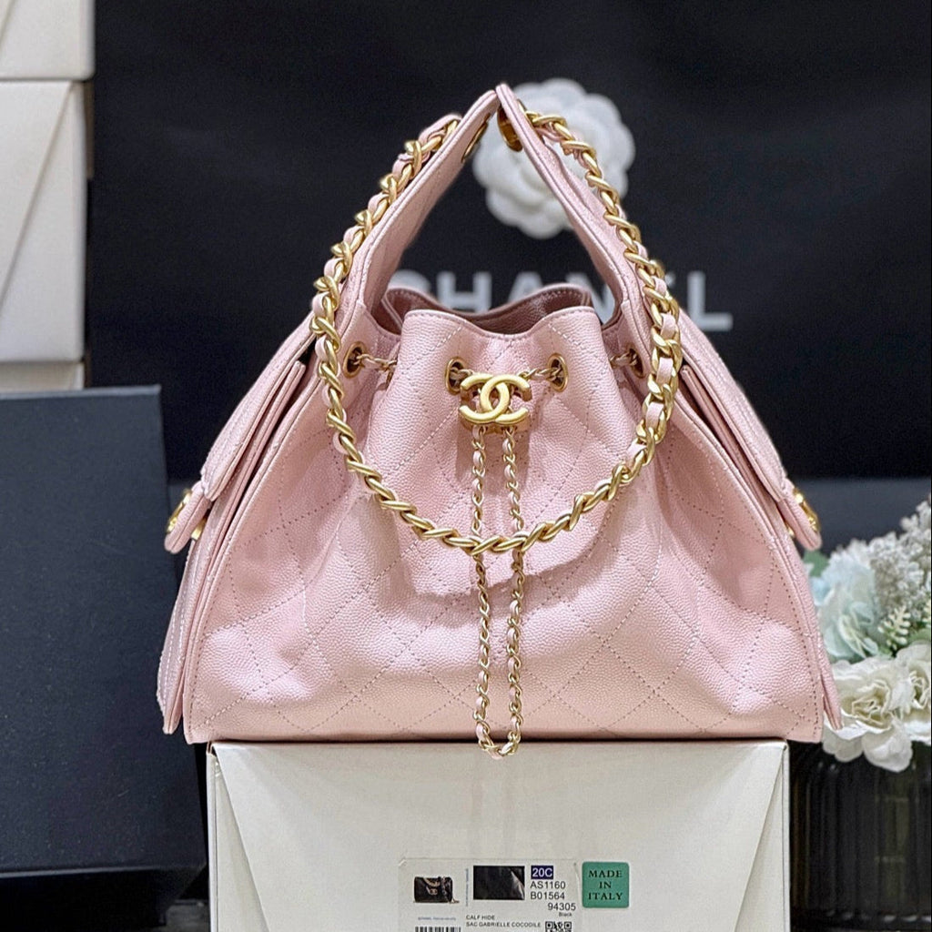 CHANEL 25 MEDIUM HANDBAG IN PASTEL PINK CALFSKIN WITH GOLD HARDWARE