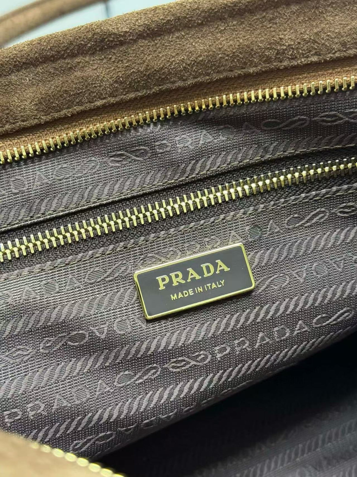 PRADA TOTE BAG WITH BELT 38 IN CHOCOLATE BROWN SUEDE GOLD HARDWARE