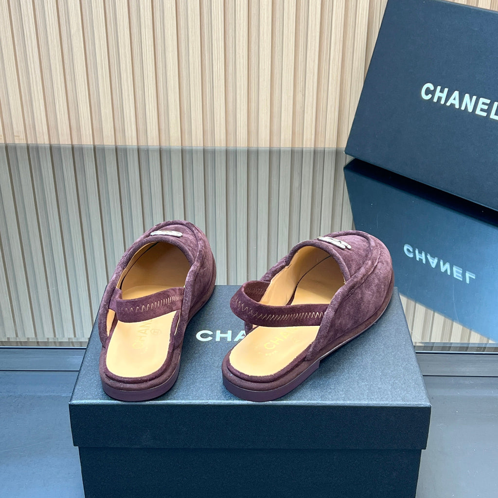 CHANEL 25S BACK STRAP MULE 15MM IN DARK PURPLE SUEDE SILVER HARDWRE