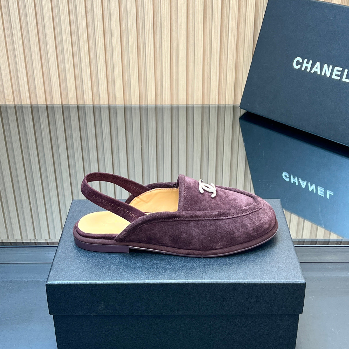 CHANEL 25S BACK STRAP MULE 15MM IN DARK PURPLE SUEDE SILVER HARDWRE