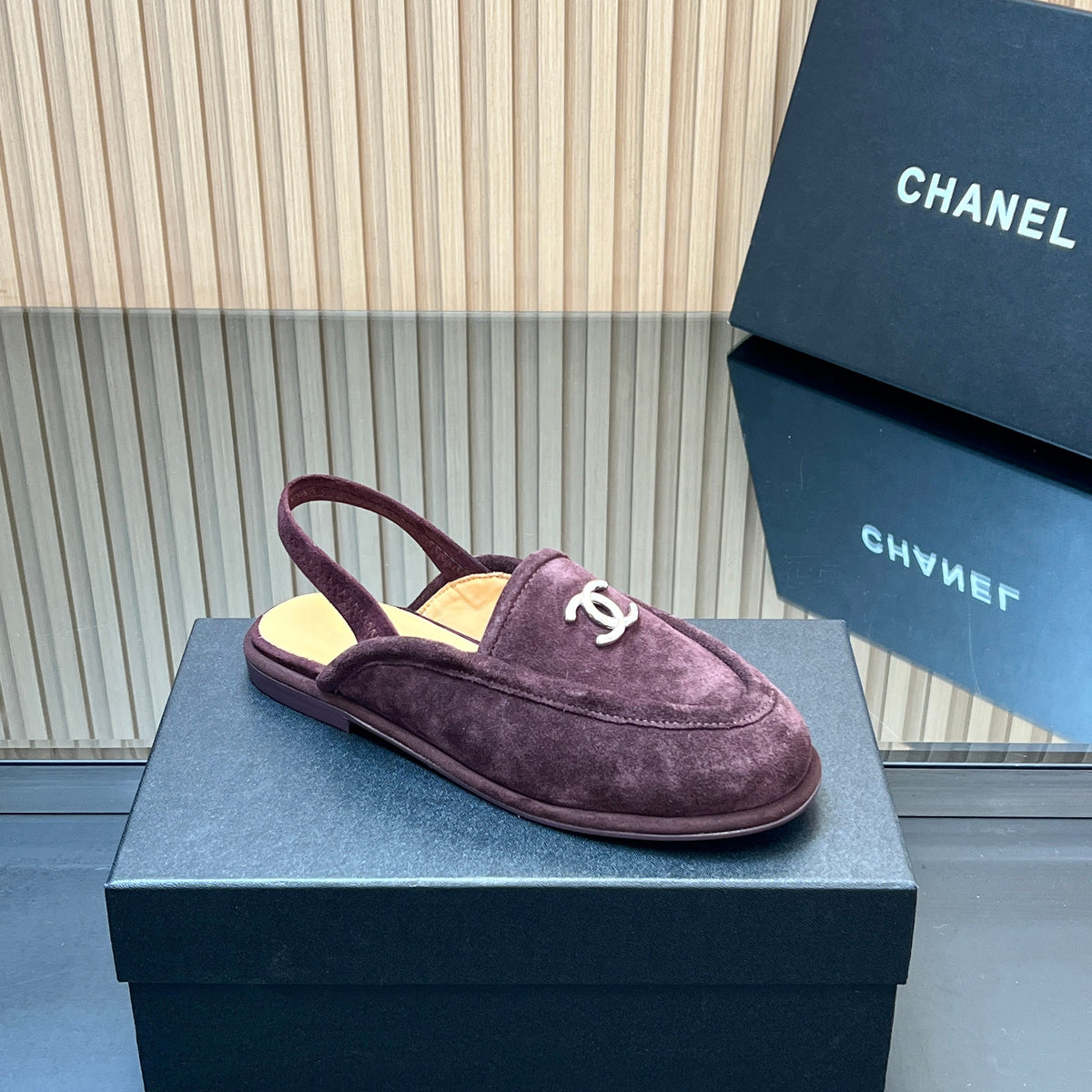 CHANEL 25S BACK STRAP MULE 15MM IN DARK PURPLE SUEDE SILVER HARDWRE