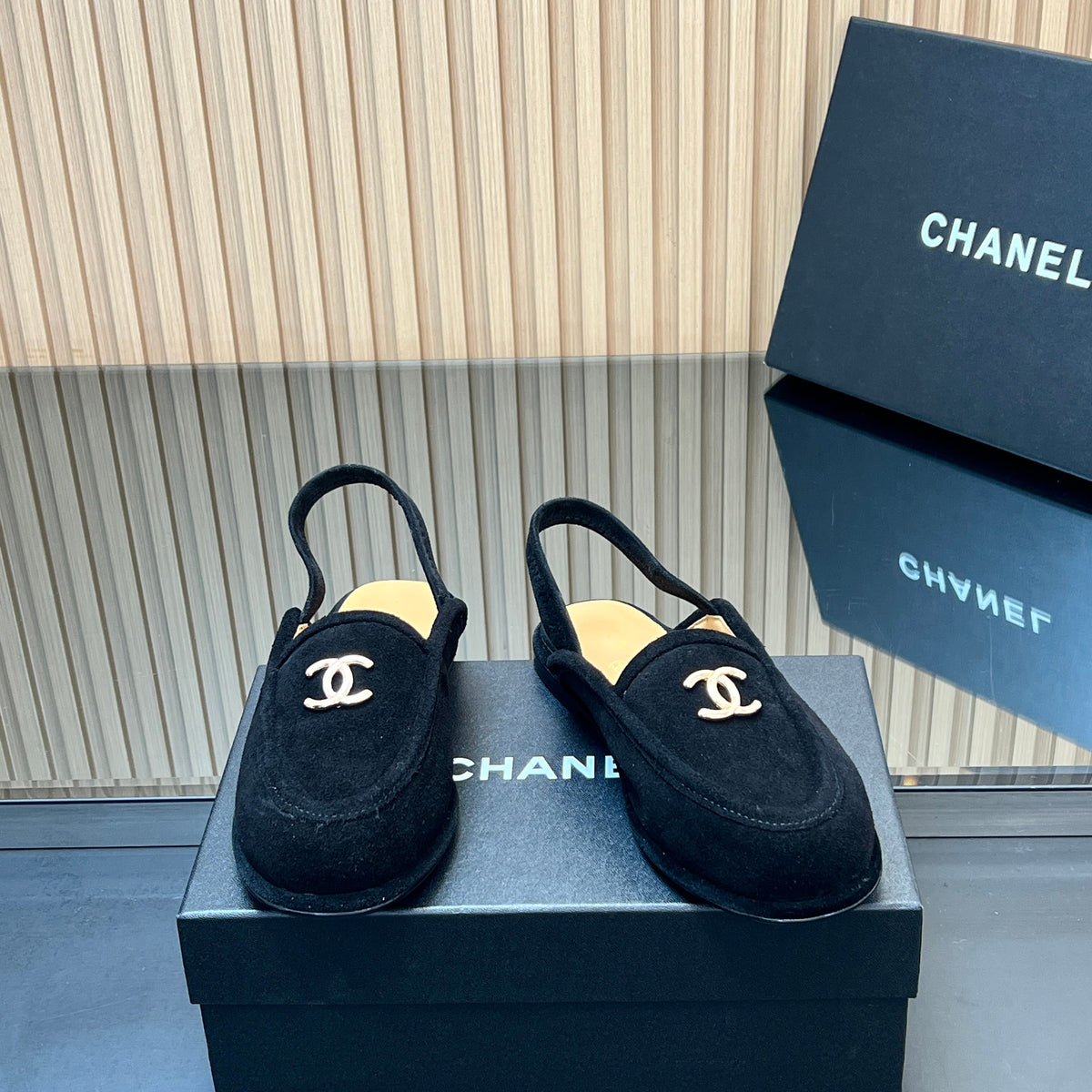 CHANEL 25S BACK STRAP MULE 15MM IN BLACK SUEDE GOLD HARDWRE