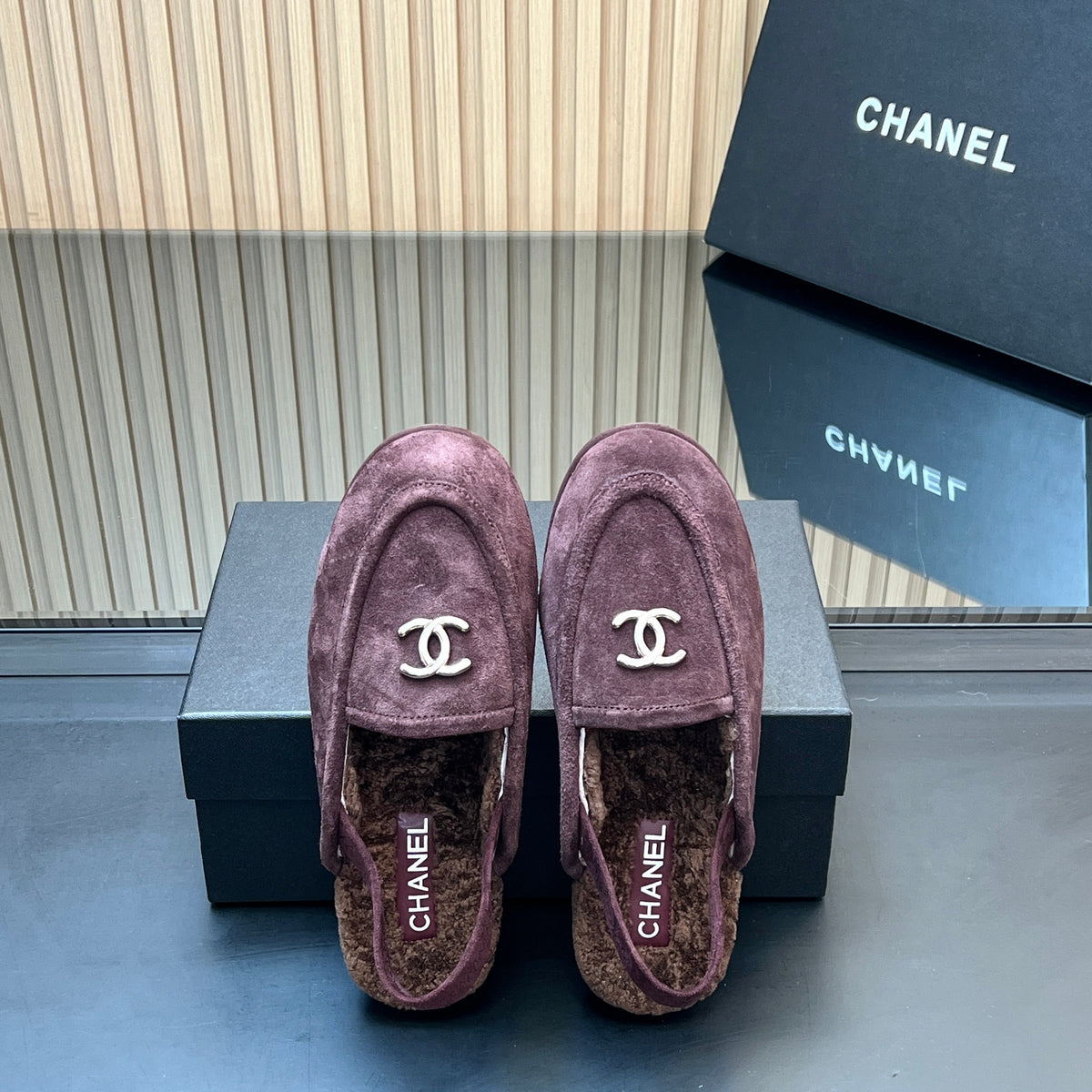 CHANEL 25S BACK STRAP MULE 15MM IN DARK PURPLE SUEDE AND WOOL GOLD HARDWRE