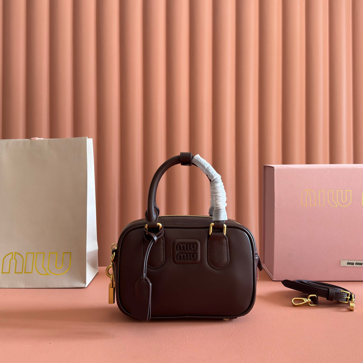 MIUMIU 26S ARCADIE BAG 19 IN DARK BROWN CALFSKIN GOLD HARDWARE