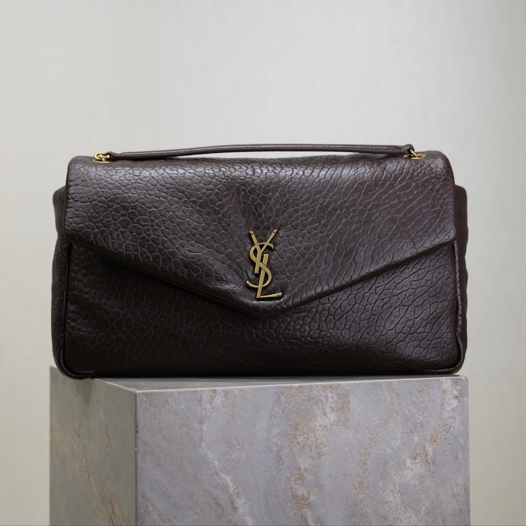 YSL 25S CALYPSO GM 38 IN DARK CHOCOLATE CALFSKIN GOLD HARDWARE