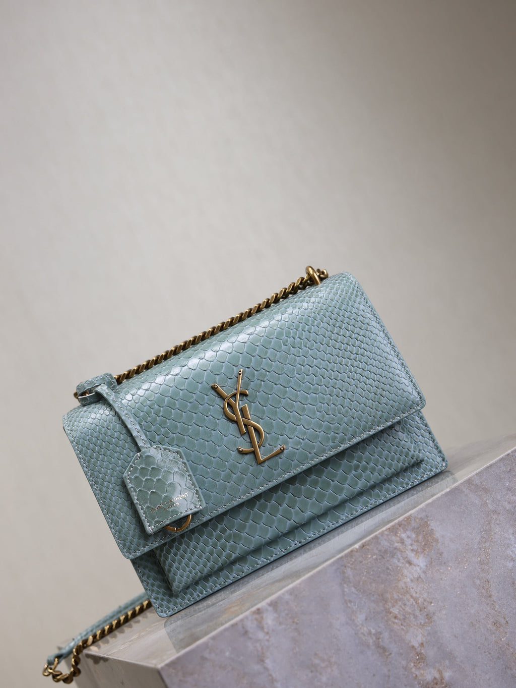 YSL 25S SUNSET MEDIUM 22 IN LIGHT BLUE CROCODILE-EMBOSSED CALFSKIN GOLD HARDWARE