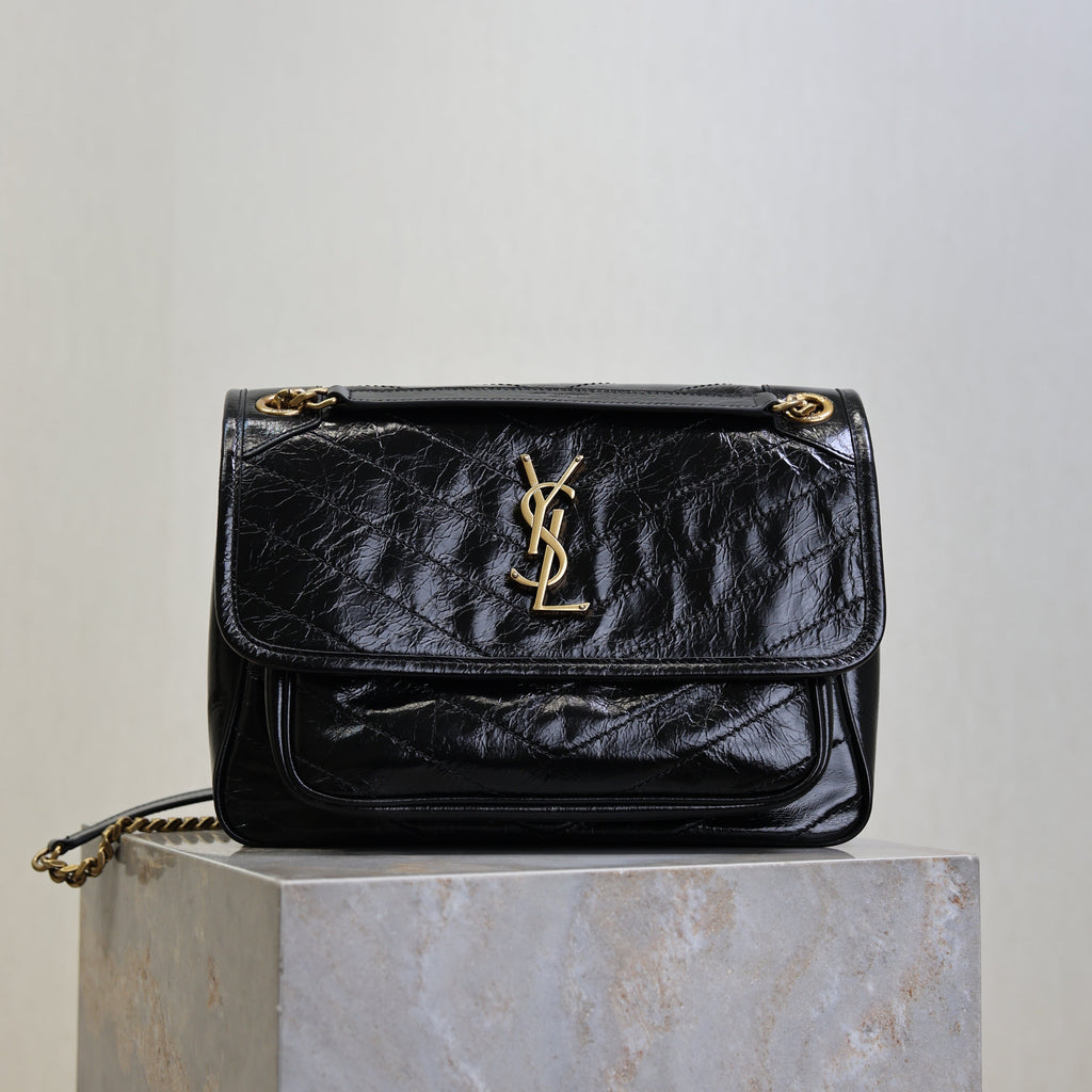 YSL 25S NIKI MM BAG 28 IN BLACK GLOSSY CALFSKIN GOLD HARDWARE