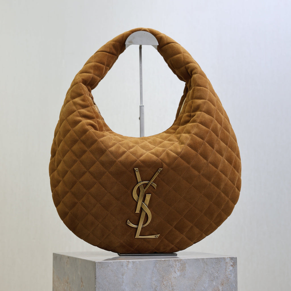 YSL 25S ICARINO 44 IN CARAMEL QUILTED SUEDE GOLD HARDWARE
