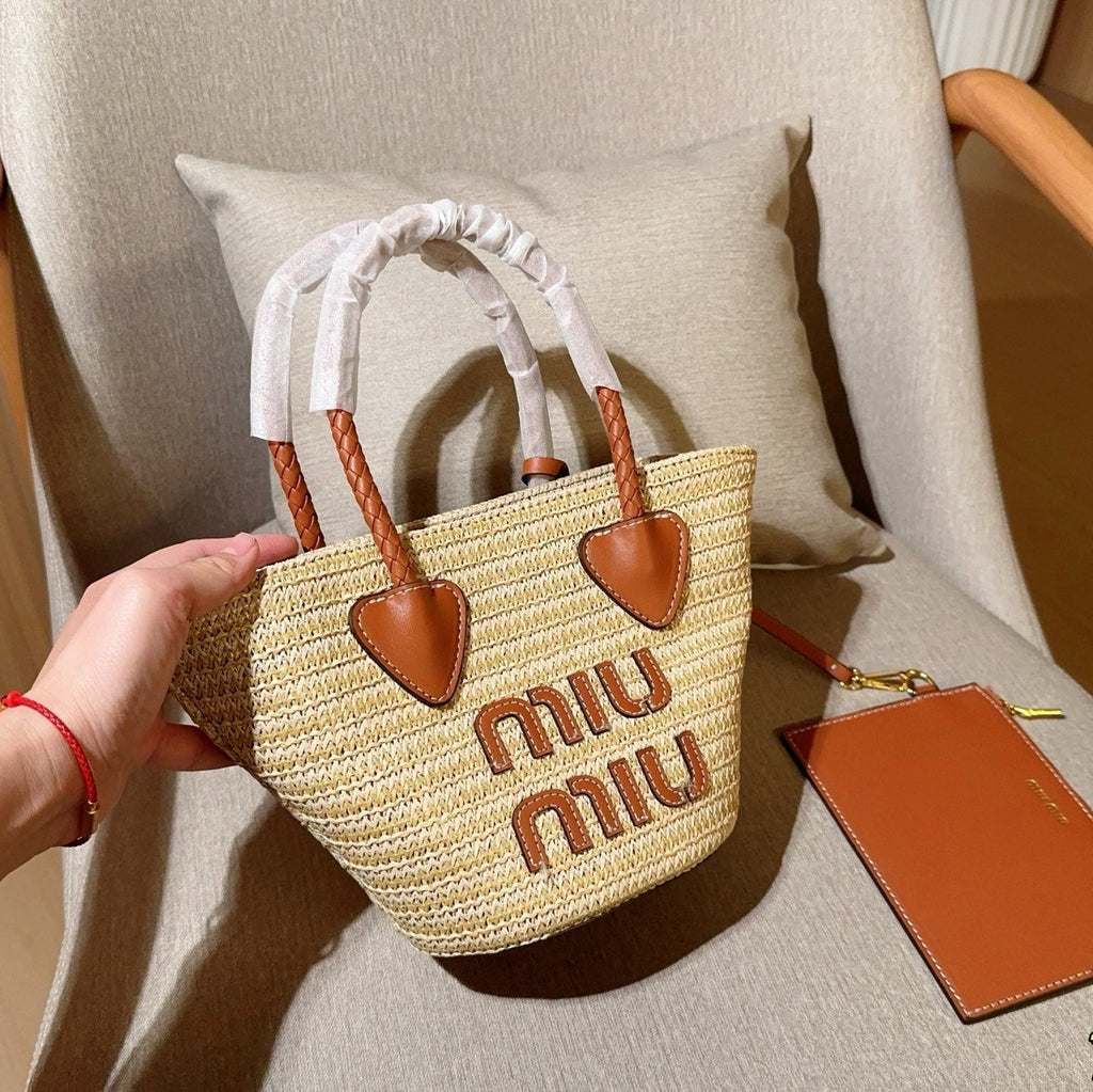 PALMETTO TOTE BAG 18 IN BEIGE WOVEN RAFFIA BROWN CALFSKIN TRIM