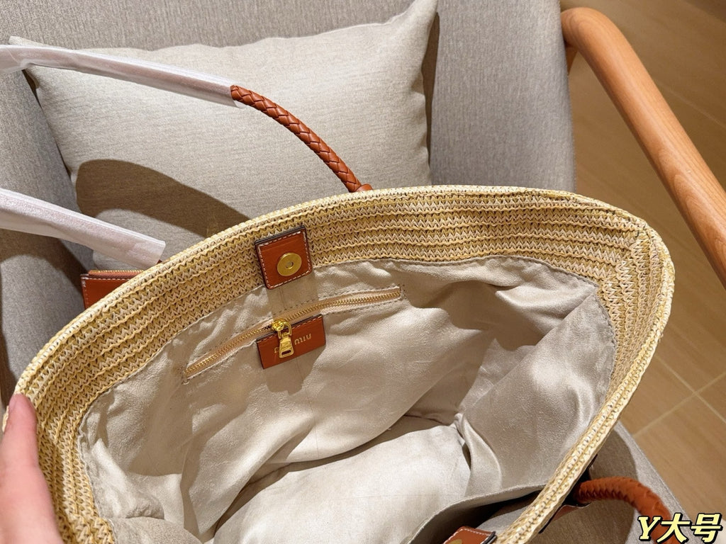 PALMETTO TOTE BAG 25 IN BEIGE WOVEN RAFFIA BROWN CALFSKIN TRIM