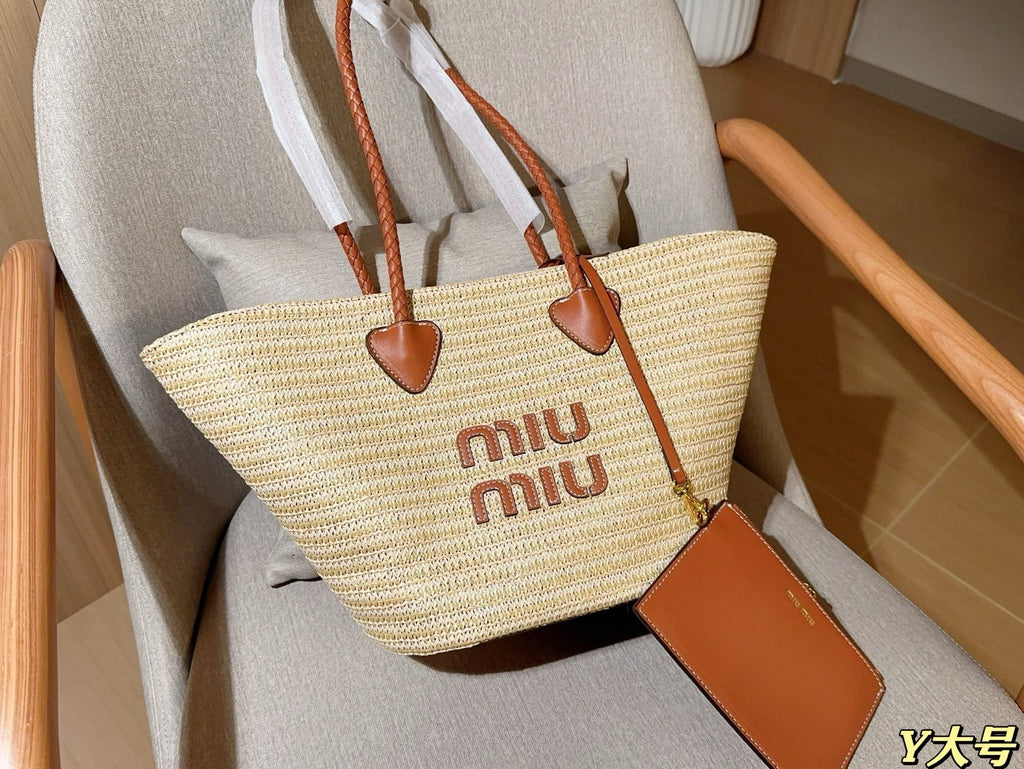 PALMETTO TOTE BAG 25 IN BEIGE WOVEN RAFFIA BROWN CALFSKIN TRIM