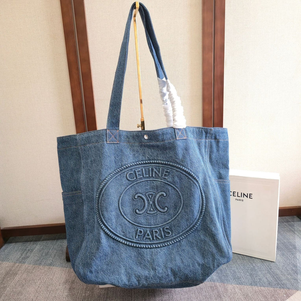 CELINE 25S DENIM CABAS BAG 50MM IN BLUE CANVAS