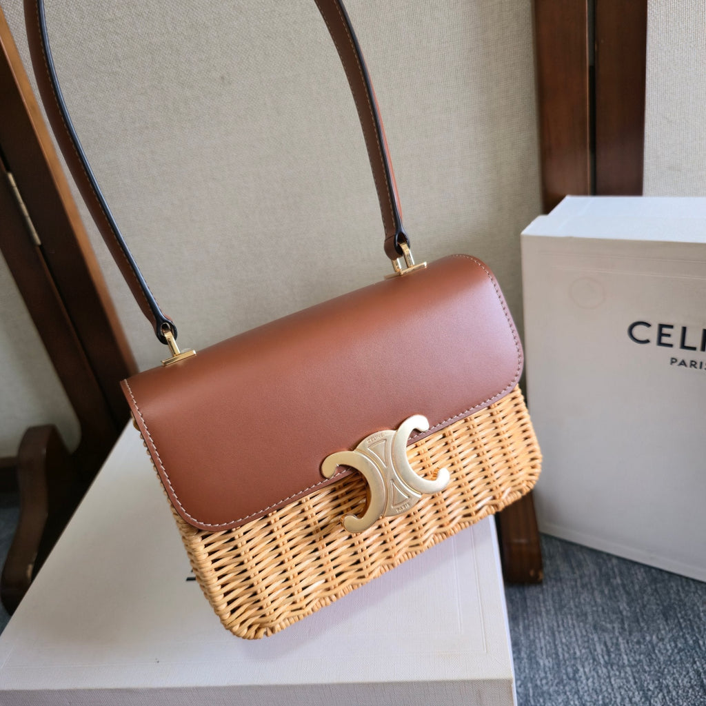 CELINE 25S TEEN GARANCE BAG 18 IN WICKER AND CARAMEL BROWN CALFSKIN