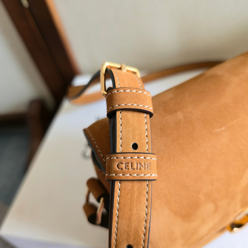 CELINE 25S TEEN TRIOMPHE BAG 18MM IN CARAMEL BROWN SUEDE GOLD HARDWARE