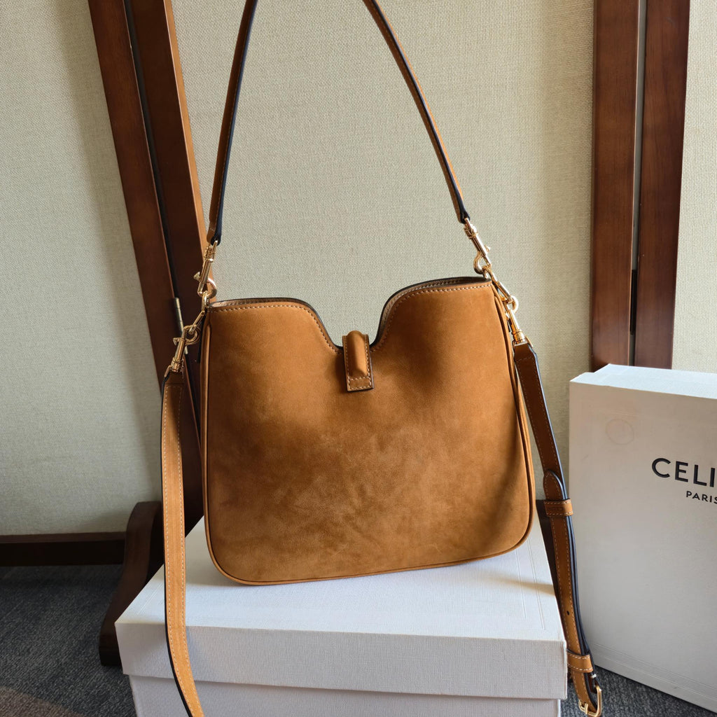 CELINE 25S SMALL CAMILLE 16 SOFT BAG 24MM IN CARAMEL BROWN SUEDE
