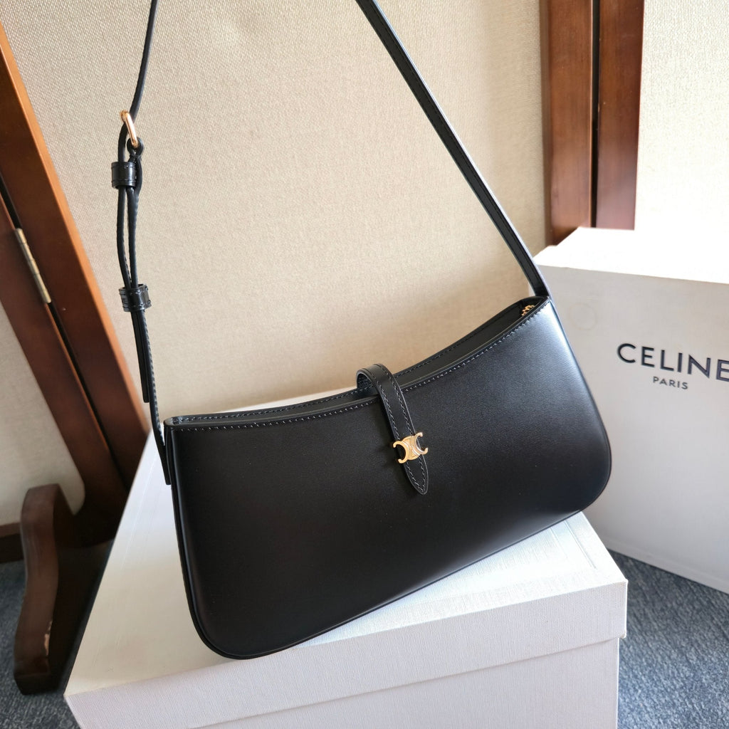 CELINE 25S TINA SHOULDER BAG 25MM IN BLACK CALFSKIN GOLD HARDWARE