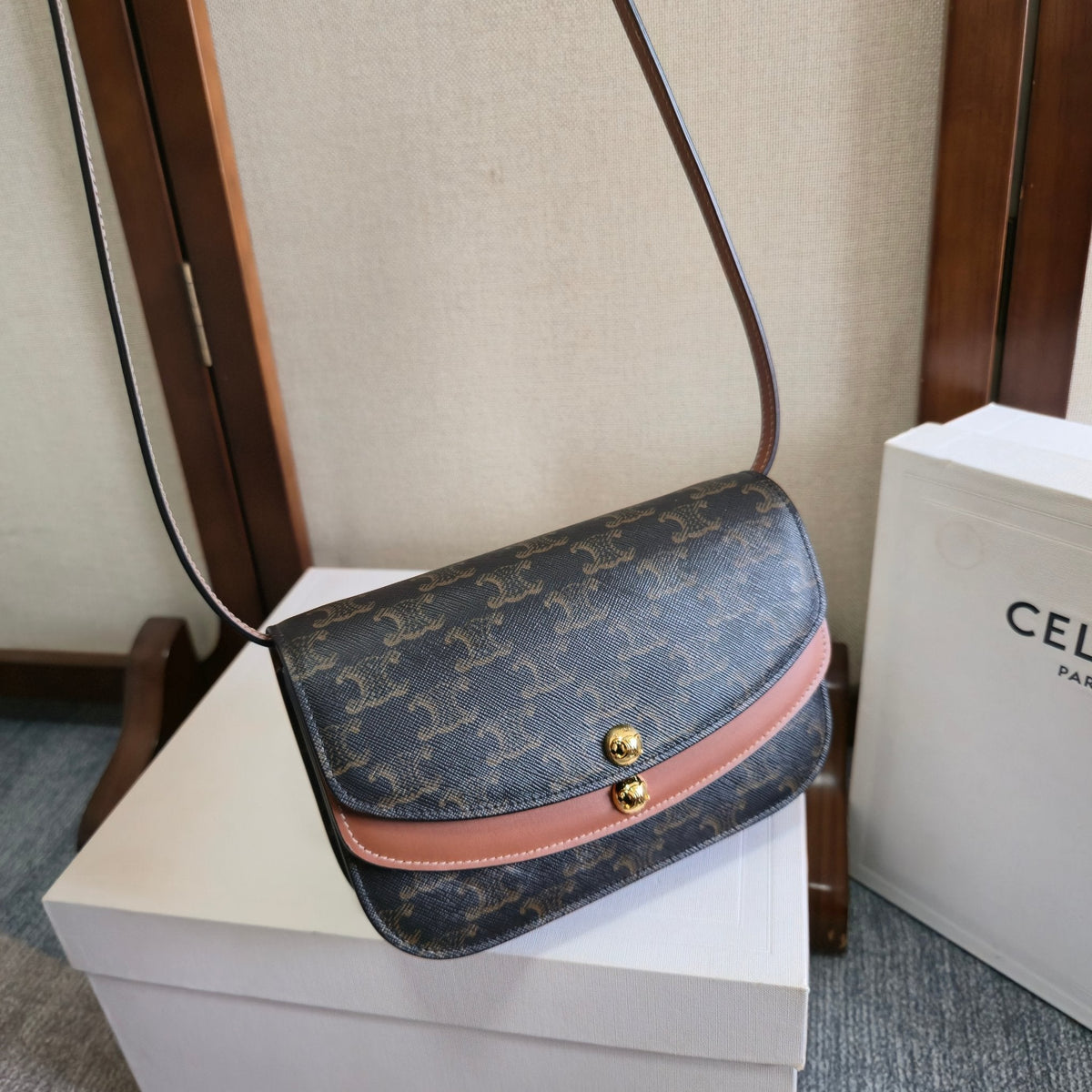 CELINE 25S DUO WALLET ON STRAP 20MM IN TRIOMPHE CANVAS AND CALFSKIN