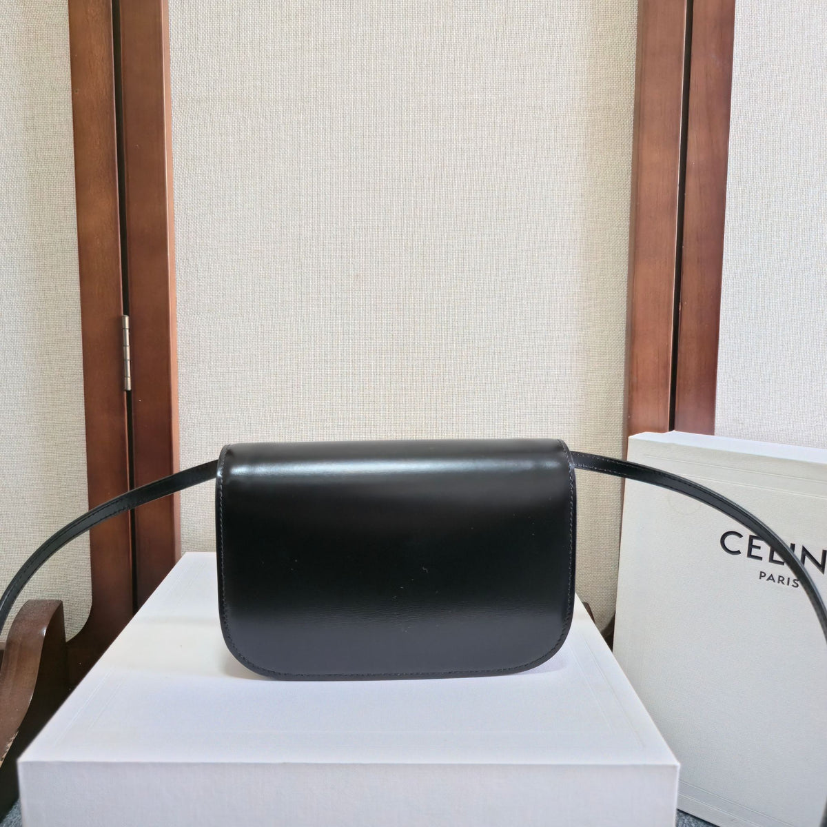 CELINE 25S DUO WALLET ON STRAP 20MM IN BLACK SHINY CALFSKIN