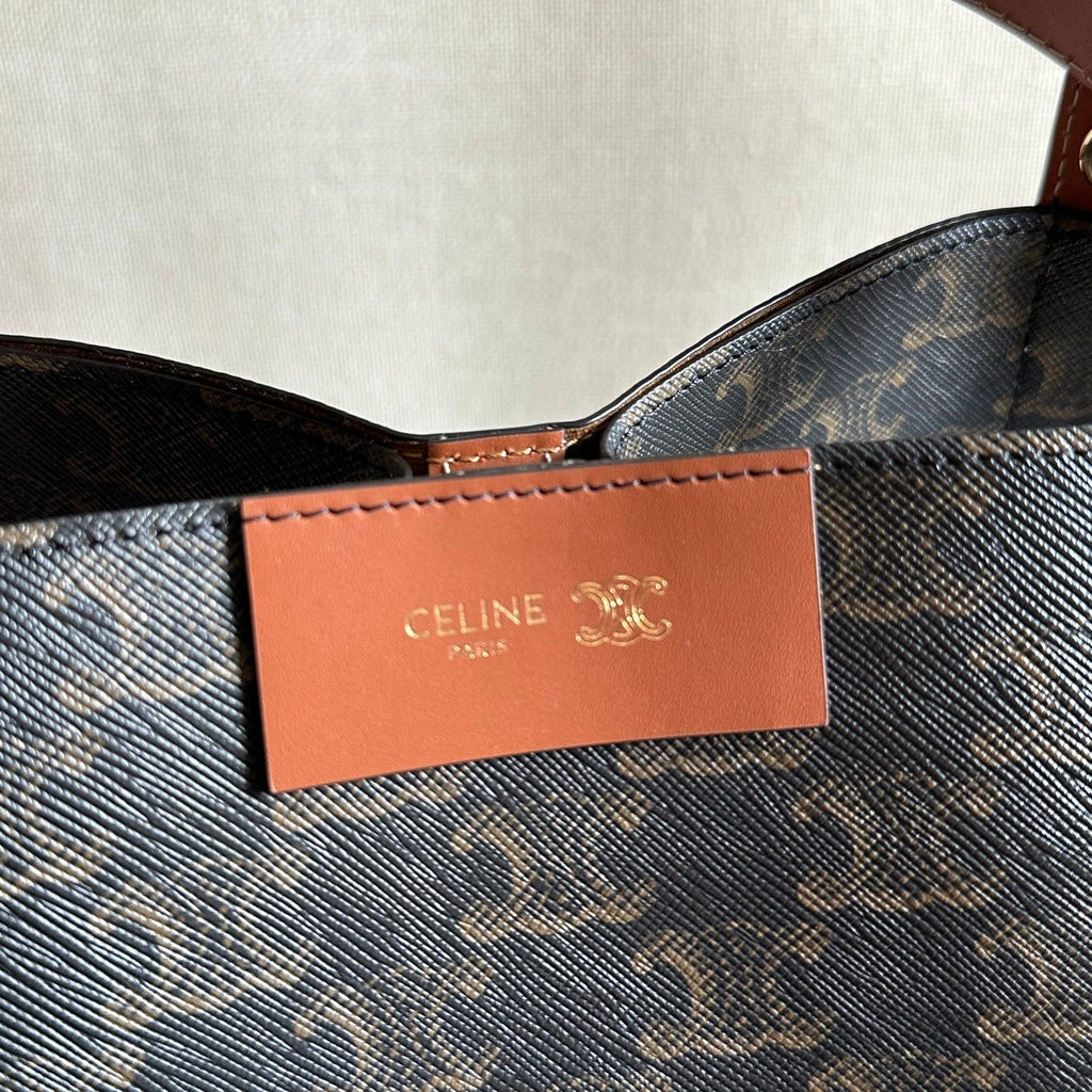 CELINE 25S CUBE BAG 18MM IN BLACK TRIOMPHE CANVAS AND DARK BORWN CALFSKIN