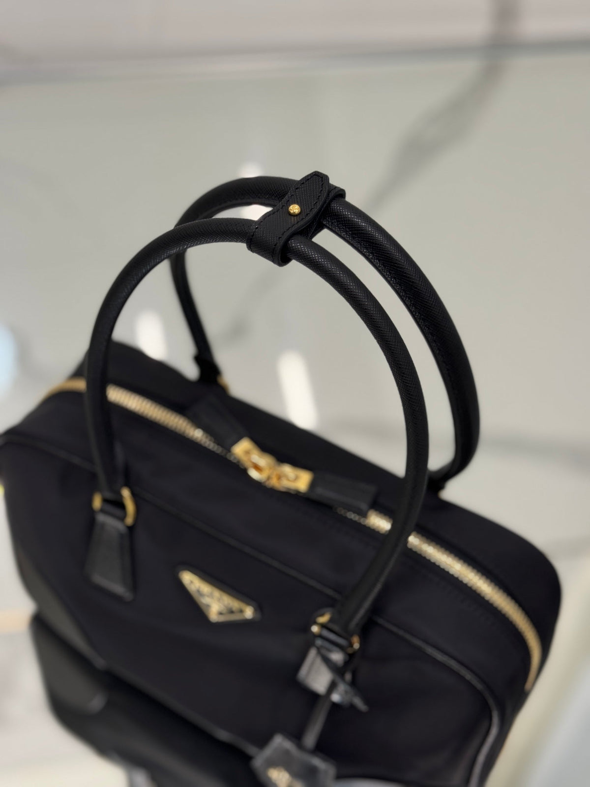 PRADA MEDIUM TOP HANDLE BAG 30 IN BLACK NYLON AND CALFSKIN TRIM
