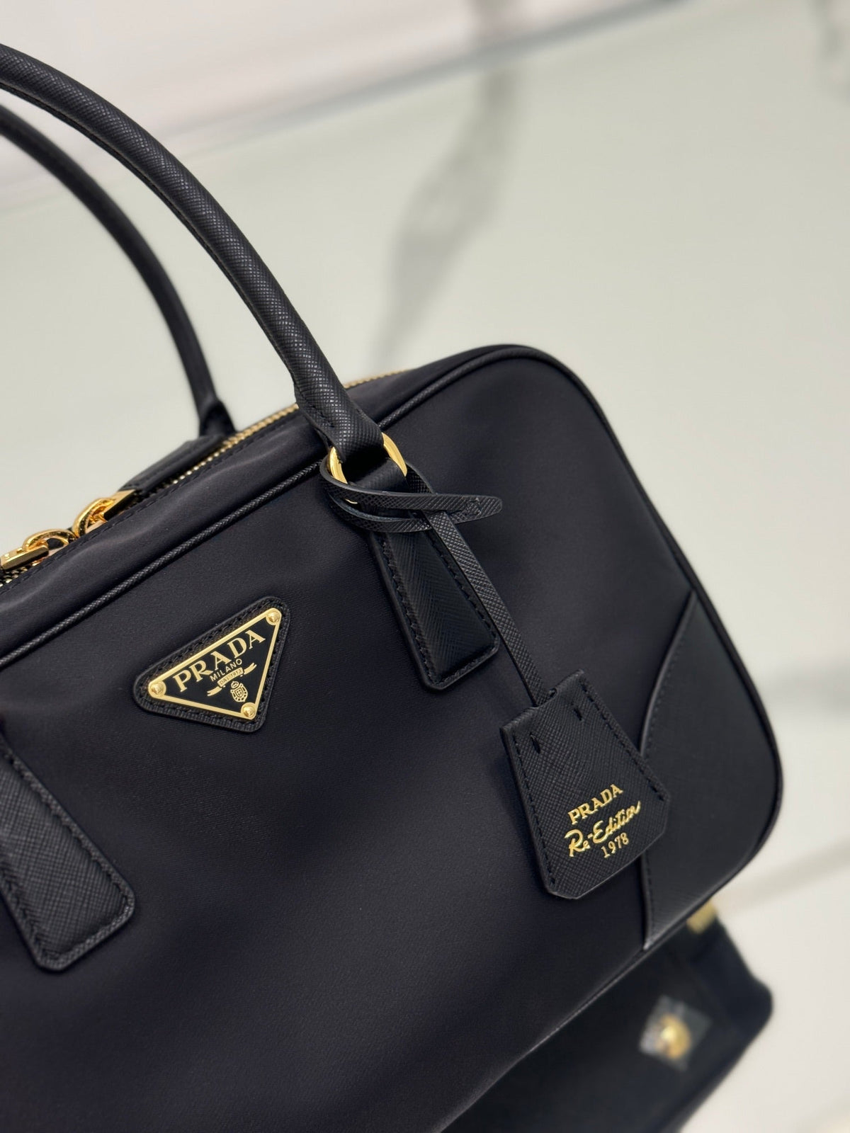 PRADA MEDIUM TOP HANDLE BAG 30 IN BLACK NYLON AND CALFSKIN TRIM