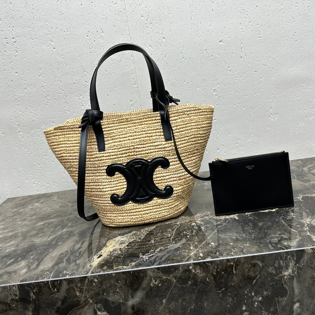 CELINE 25S TEEN BAG 22 IN NATURAL MIX BLACK RAFFIA CALFSKIN SHOULDER STRAP