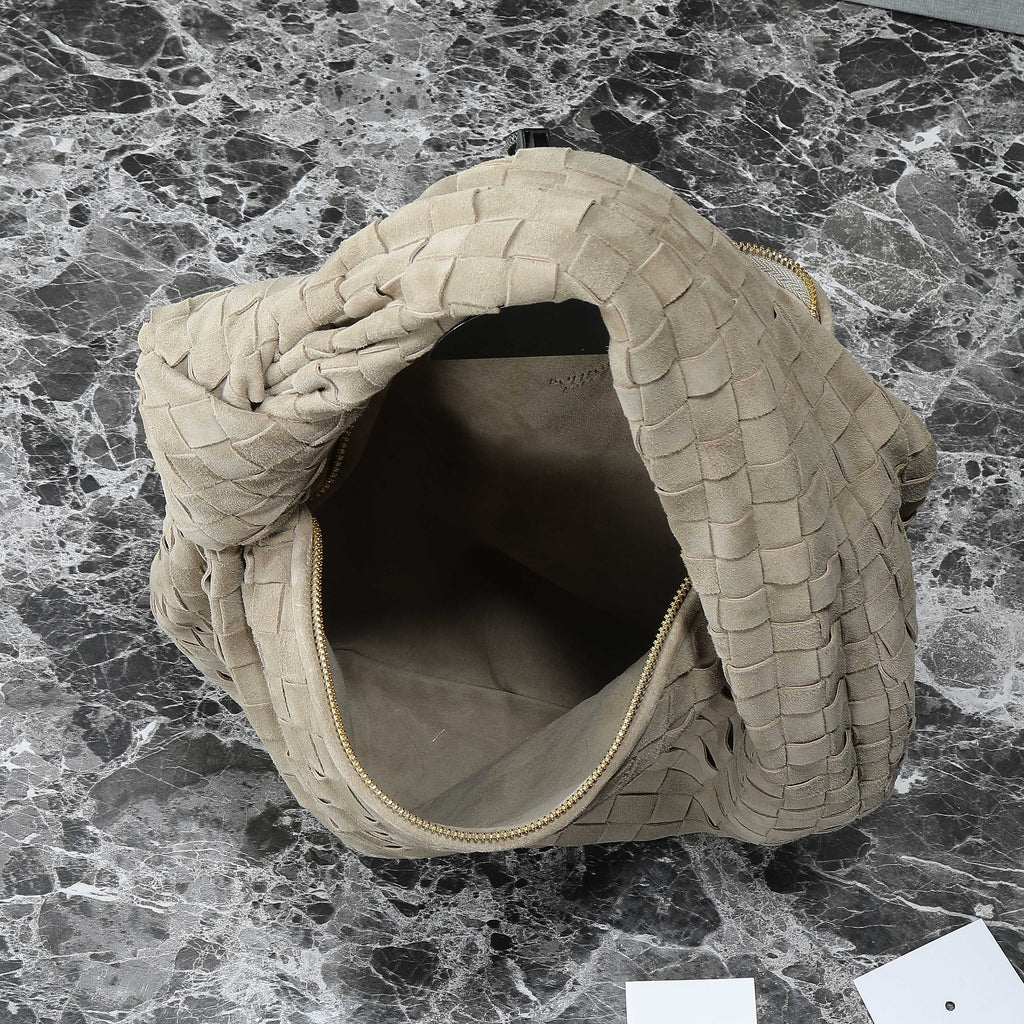 BOTTEGA VENETA 25S SMALL JODIE 36 IN MUTED TAUPE SUEDE GOLD HARDWARE