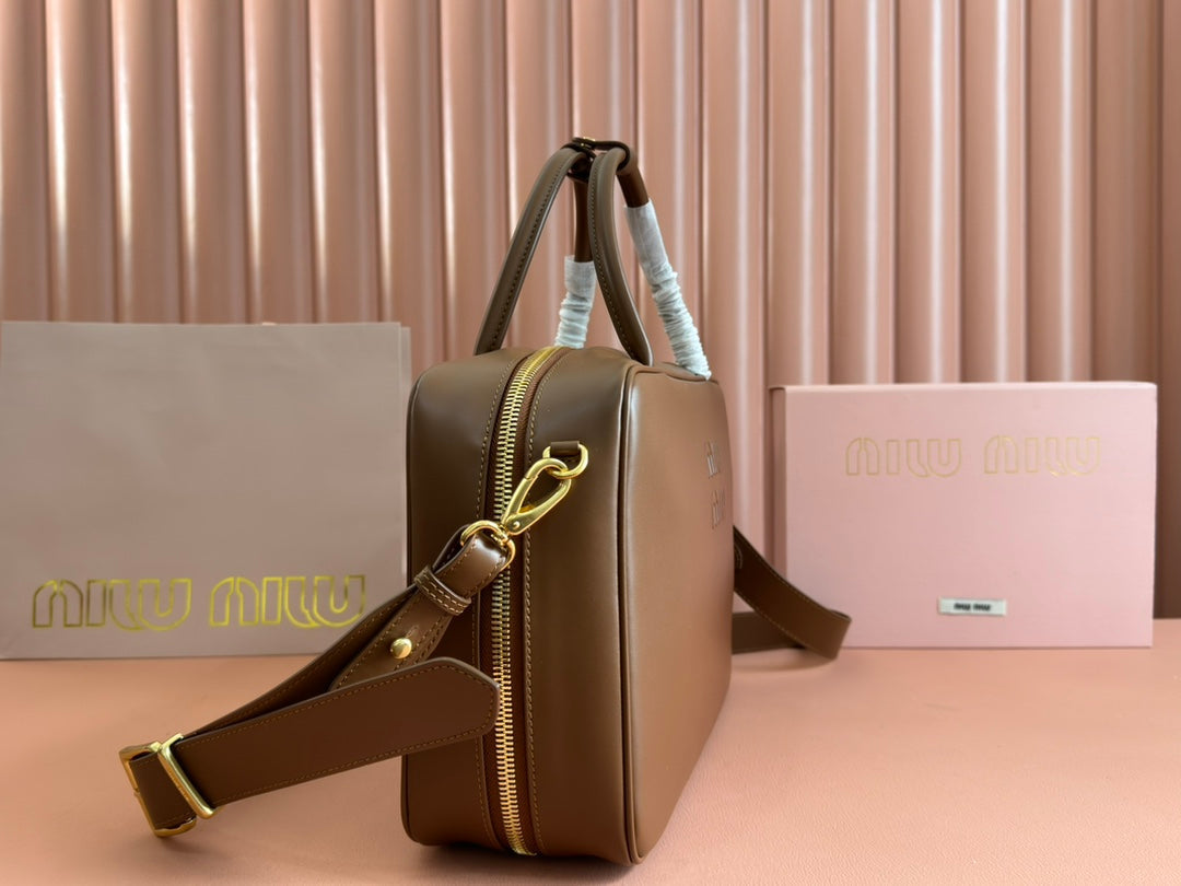 BEAU TOP HANDLE BAG 34 IN TAWNY BROWN SMOOTH CALFSKIN