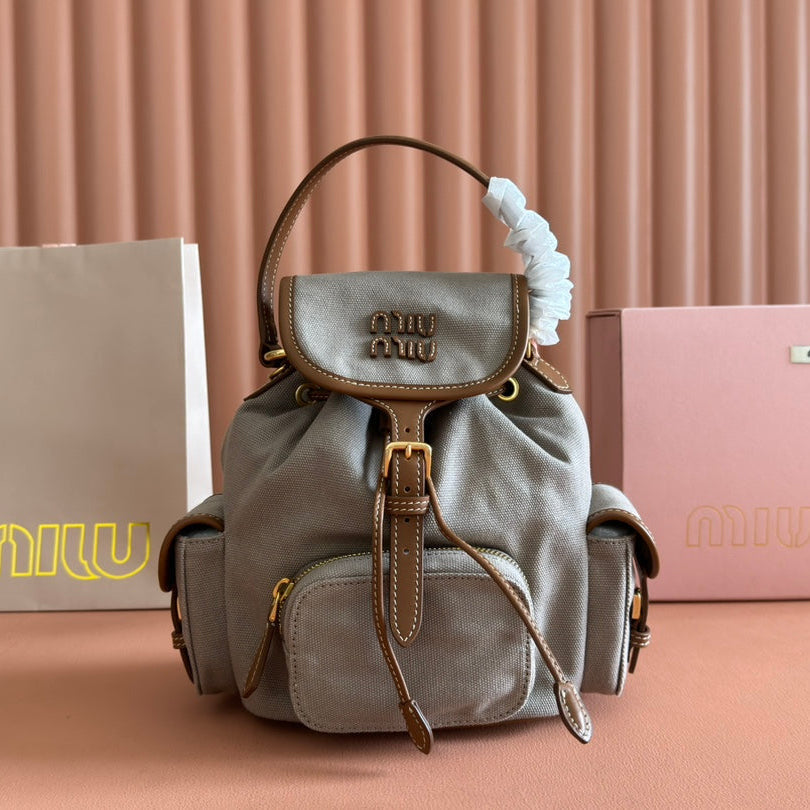 BACKPACK 22 IN GREY CANVAS BROWN CALFSKIN