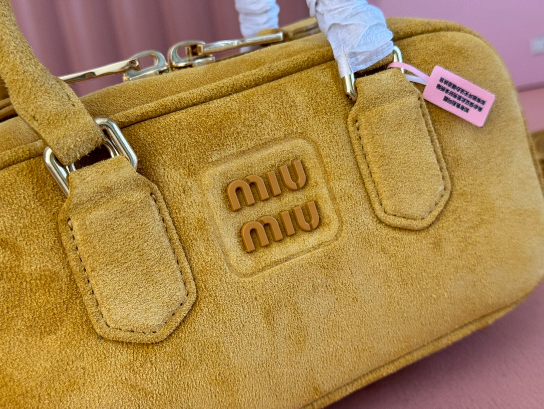 ARCADIE BAG 22 IN MUSTARD YELLOW SUEDE GOLD HARDWARE